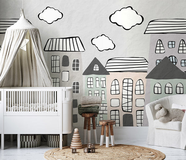 Ilustración infantil de una ciudad en tonos pastel
