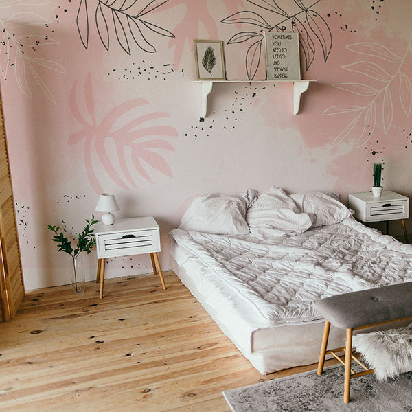Vinilo decorativo hojas fondo rosa
