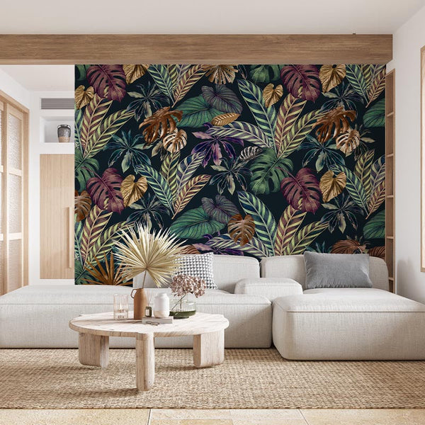 Vinilo decorativo fondo oscuro hojas tropicales