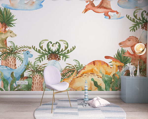 El renacimiento de la era jurásica: mural de dinosaurios en acuarela