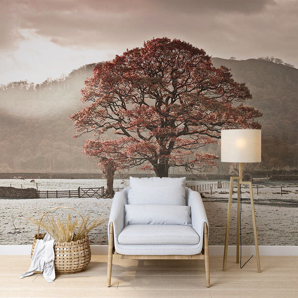 Esplendor otoñal: un árbol rojo bajo la luz de la mañana