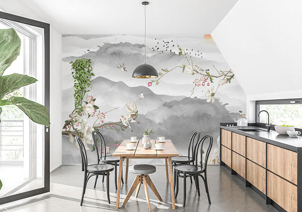 Elegancia oriental: la danza de las flores entre las nubes