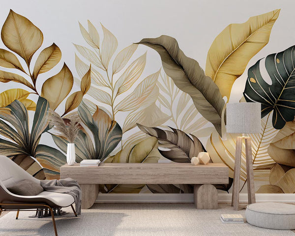 Sinfonía de follaje tropical en oro y bronce otoñales