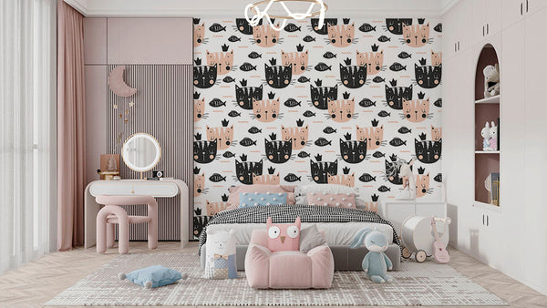 Patrón de vinilo decorativo de peces y gatos