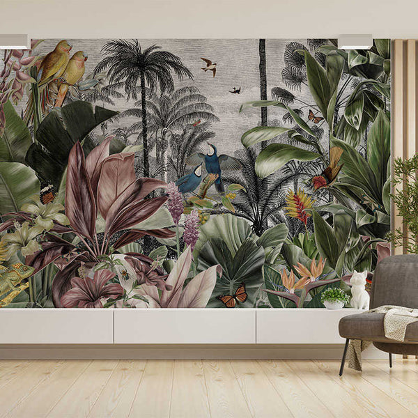 Paisaje tropical y animales exóticos.
